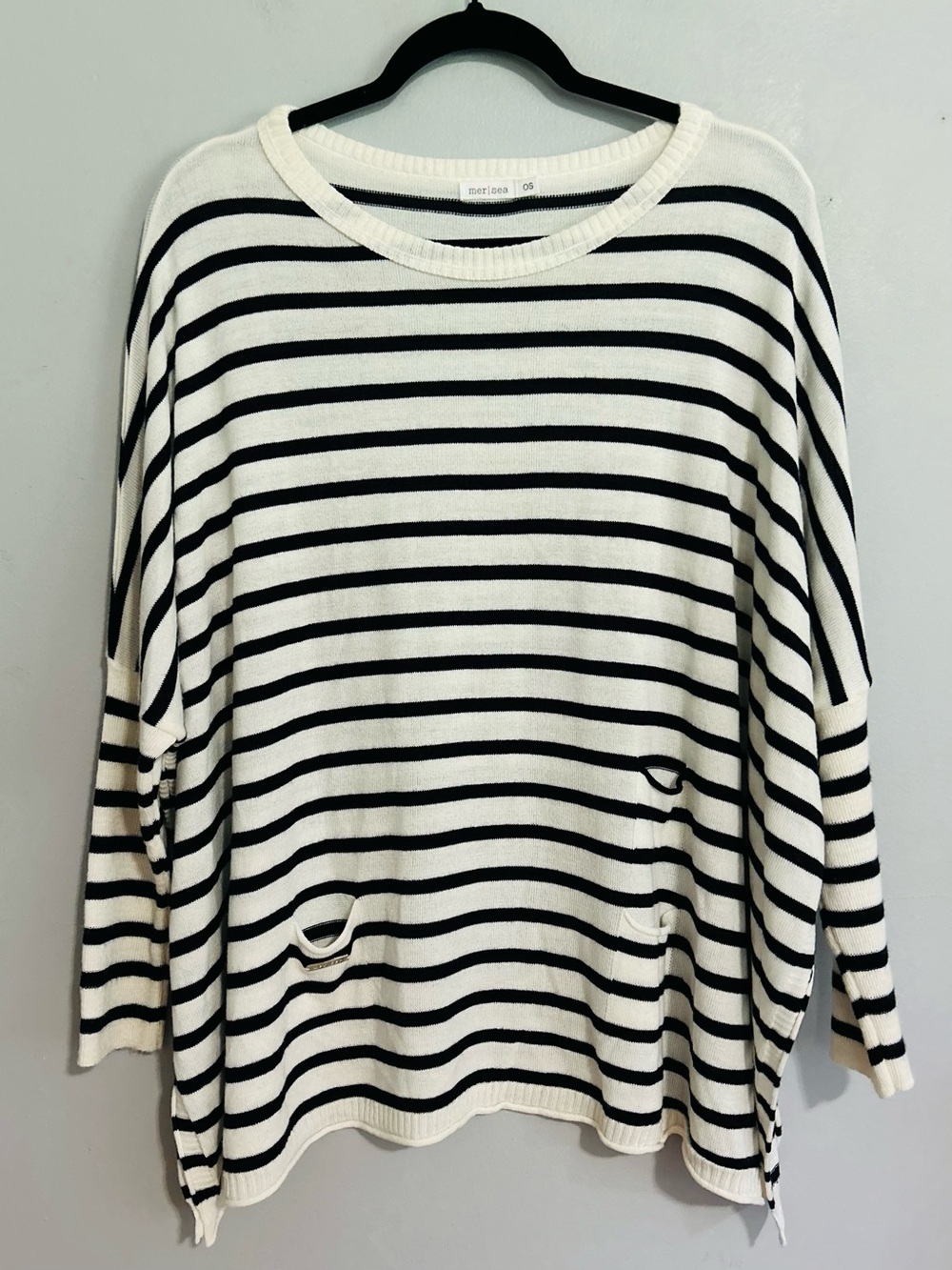 MERSEA Striped Sweater One Size Black Cream Oversized Coastal Breton Pullover